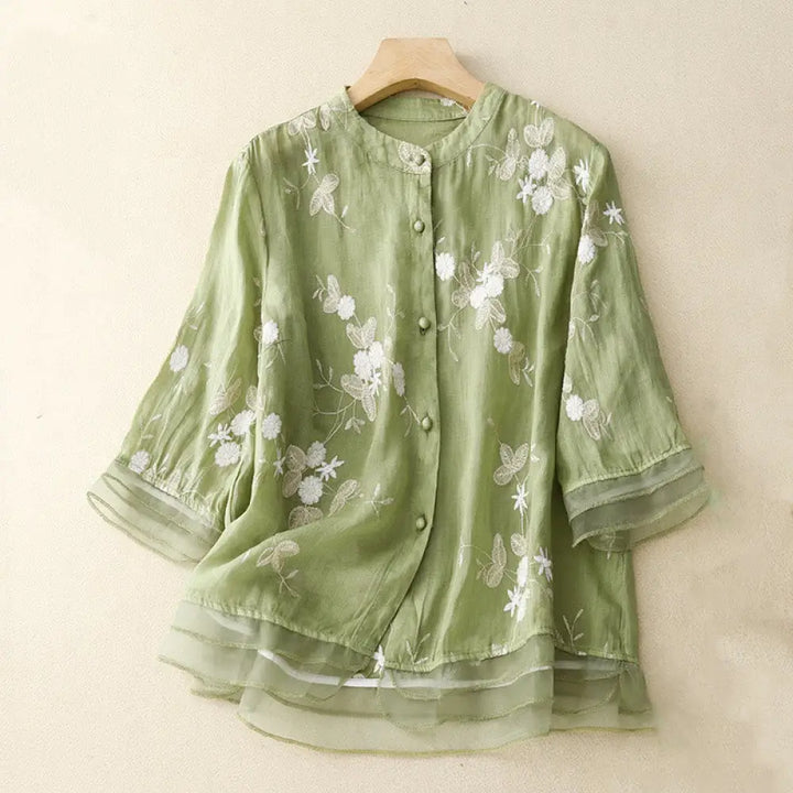 Buddha Stones Casual Embroidered Petals Spliced Organza Women’s Crew Neck Design Half Sleeve Cotton Cardigan Shirt