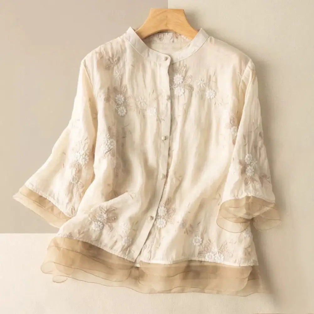 Buddha Stones Casual Embroidered Petals Spliced Organza Women’s Crew Neck Design Half Sleeve Cotton Cardigan Shirt