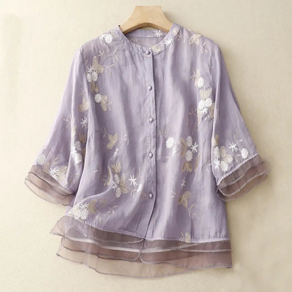BWOOOH Casual Embroidered Petals Spliced Organza Women&
