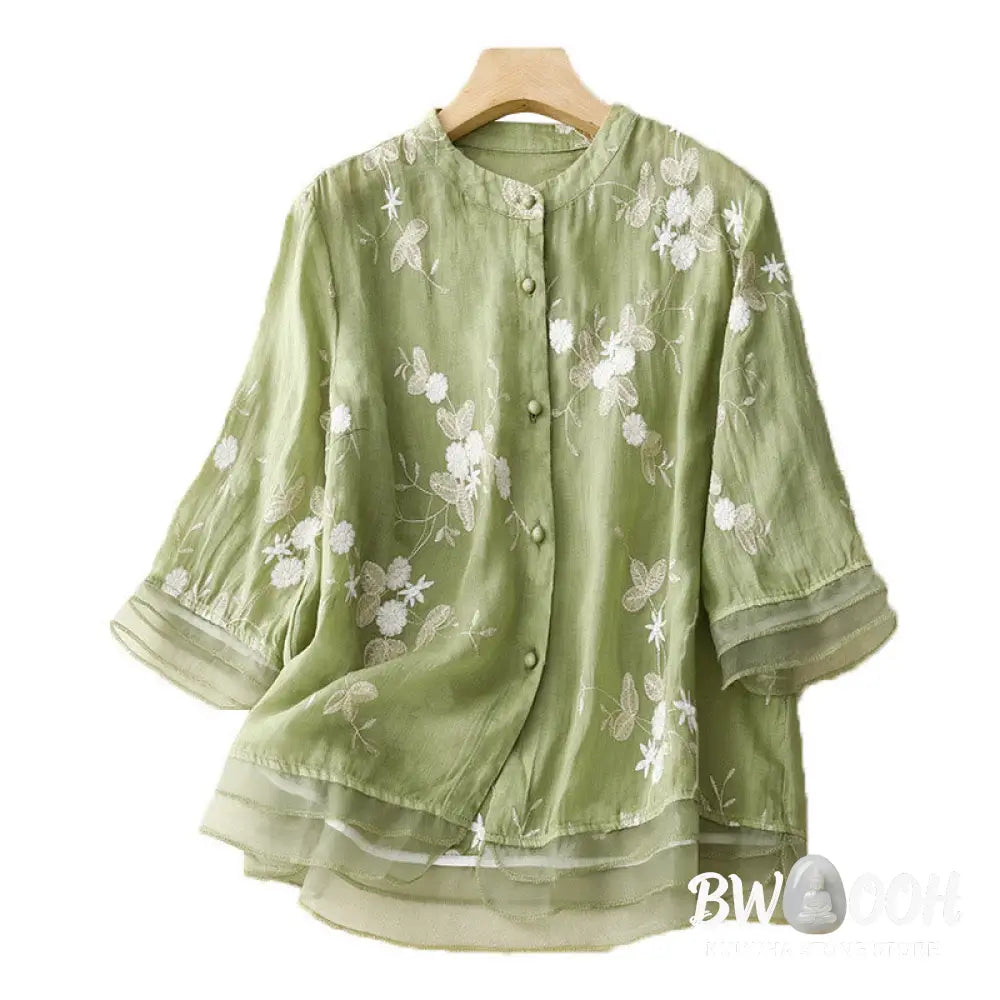 Buddha Stones Casual Embroidered Petals Spliced Organza Women’s Crew Neck Design Half Sleeve Cotton Cardigan Shirt