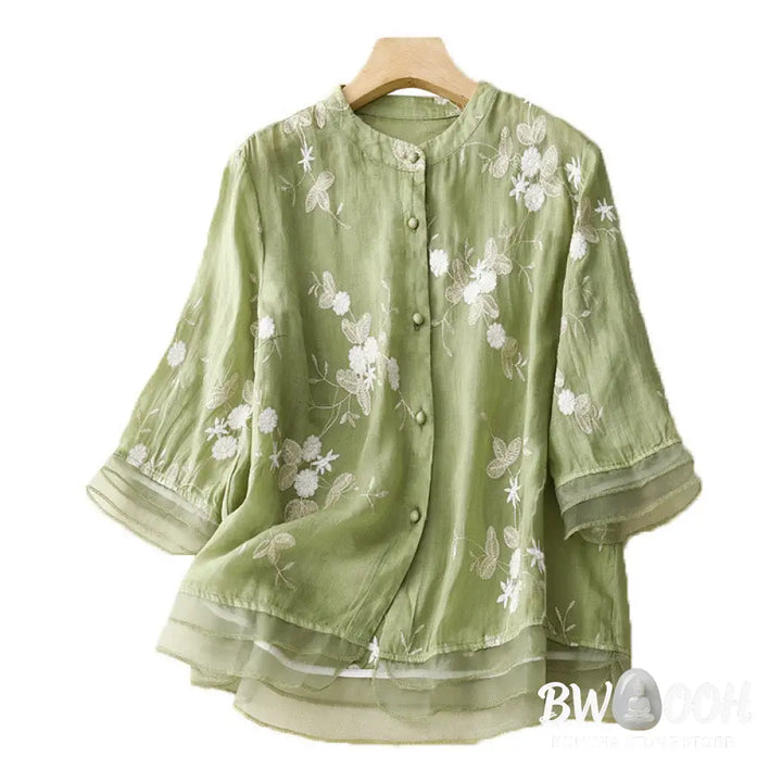 Buddha Stones Casual Embroidered Petals Spliced Organza Women’s Crew Neck Design Half Sleeve Cotton Cardigan Shirt