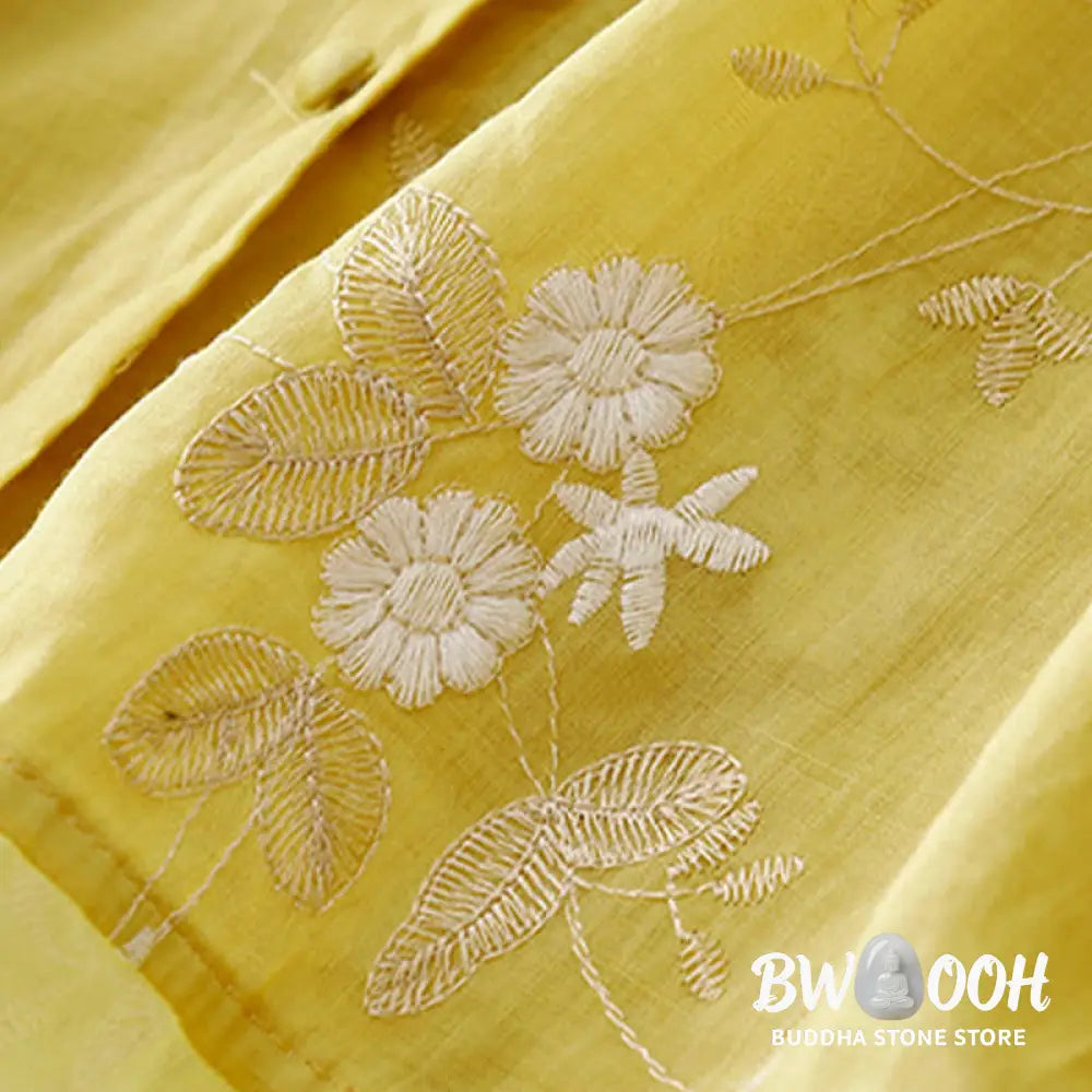 Buddha Stones Casual Embroidered Petals Spliced Organza Women’s Crew Neck Design Half Sleeve Cotton Cardigan Shirt