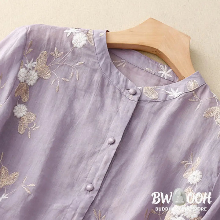 Buddha Stones Casual Embroidered Petals Spliced Organza Women’s Crew Neck Design Half Sleeve Cotton Cardigan Shirt