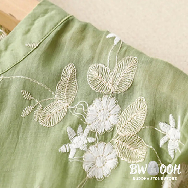 Buddha Stones Casual Embroidered Petals Spliced Organza Women’s Crew Neck Design Half Sleeve Cotton Cardigan Shirt