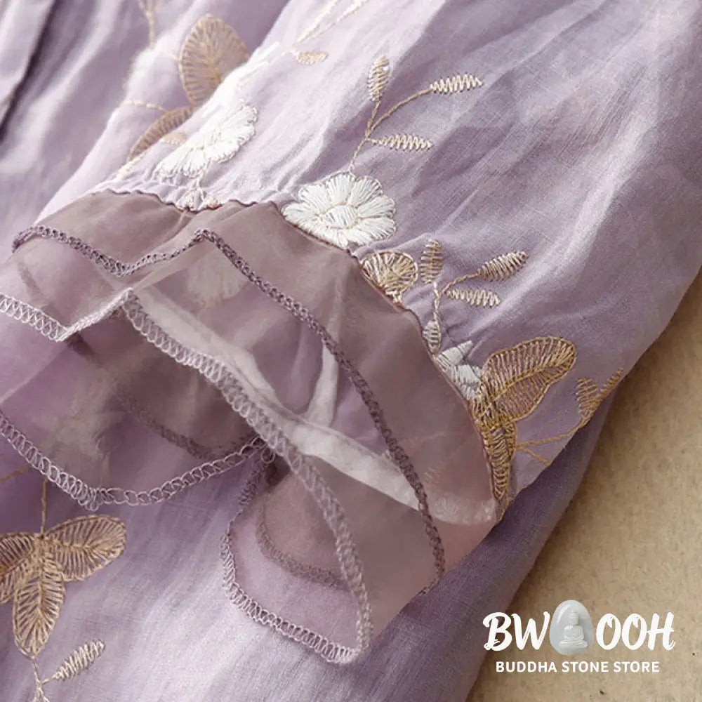 Buddha Stones Casual Embroidered Petals Spliced Organza Women’s Crew Neck Design Half Sleeve Cotton Cardigan Shirt