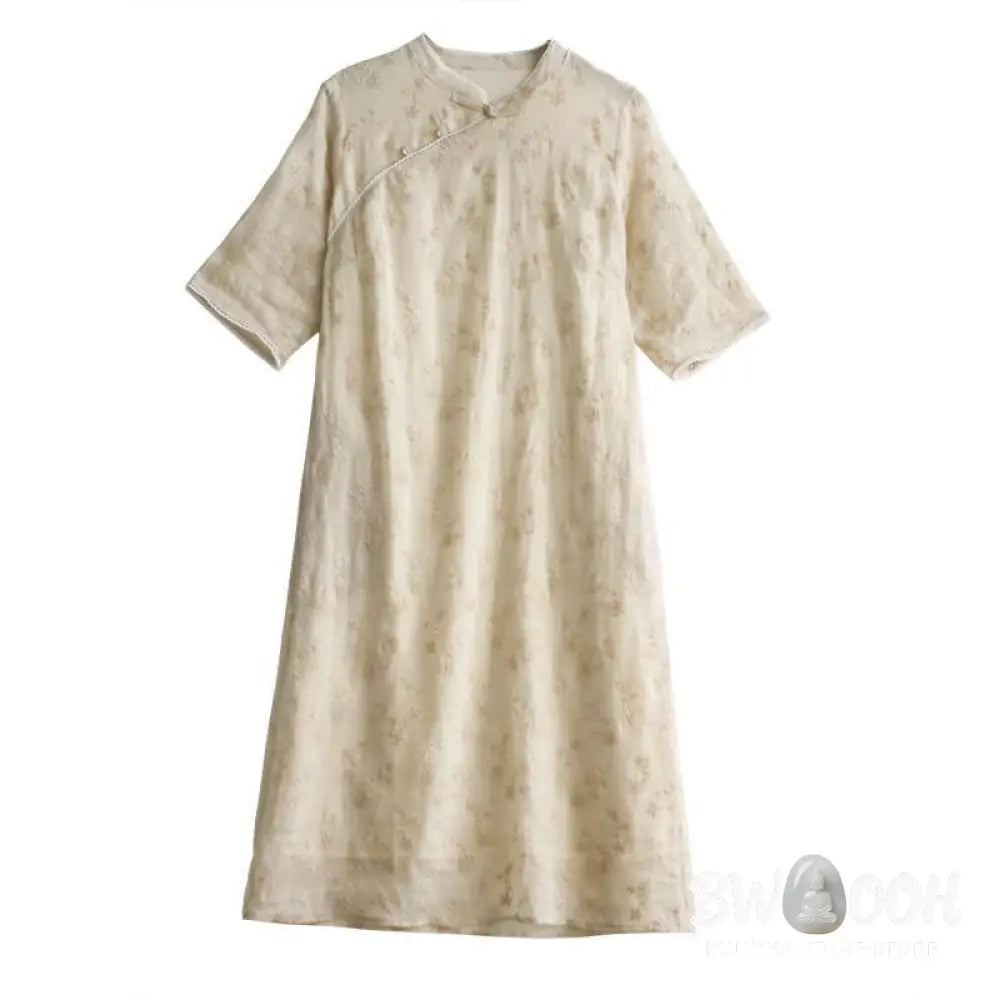 Buddha Stones Casual Embroidered Slant Collar Stand Collar Half Sleeve Design Ramie Midi Dress With Pockets - Midi Dress