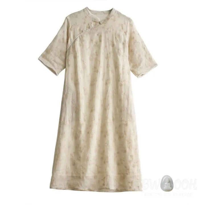 Buddha Stones Casual Embroidered Slant Collar Stand Collar Half Sleeve Design Ramie Midi Dress With Pockets - Midi Dress