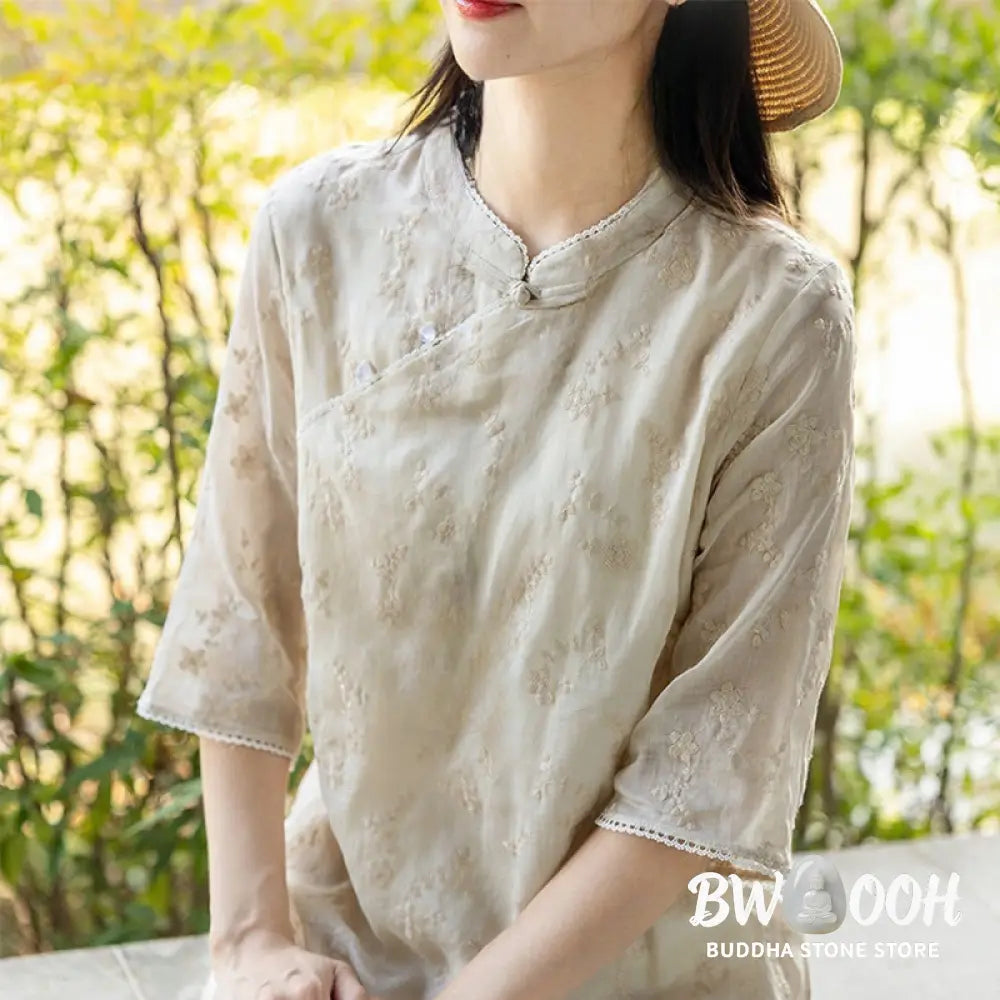 Buddha Stones Casual Embroidered Slant Collar Stand Collar Half Sleeve Design Ramie Midi Dress With Pockets - Midi Dress