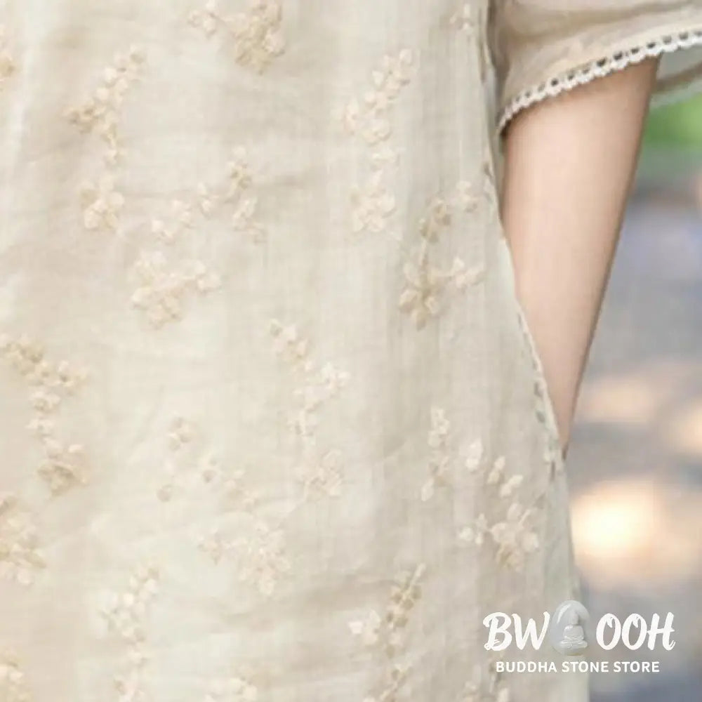 Buddha Stones Casual Embroidered Slant Collar Stand Collar Half Sleeve Design Ramie Midi Dress With Pockets - Midi Dress