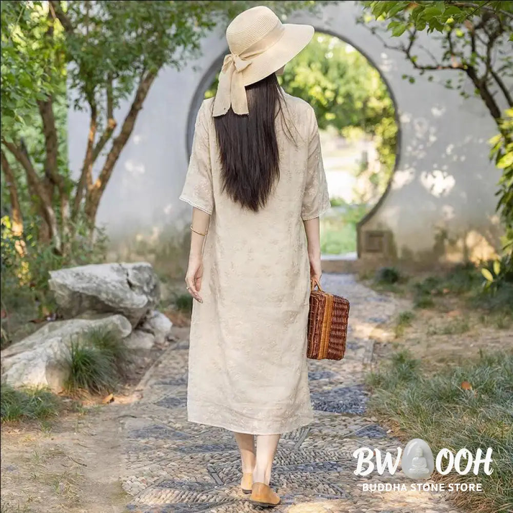 Buddha Stones Casual Embroidered Slant Collar Stand Collar Half Sleeve Design Ramie Midi Dress With Pockets - Midi Dress