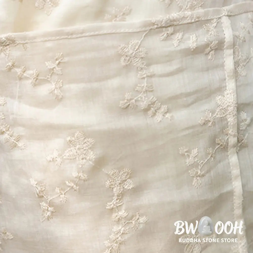 Buddha Stones Casual Embroidered Slant Collar Stand Collar Half Sleeve Design Ramie Midi Dress With Pockets - Midi Dress