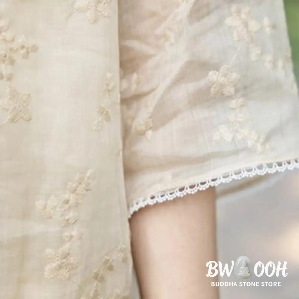 Buddha Stones Casual Embroidered Slant Collar Stand Collar Half Sleeve Design Ramie Midi Dress With Pockets - Midi Dress