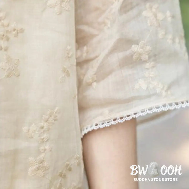 Buddha Stones Casual Embroidered Slant Collar Stand Collar Half Sleeve Design Ramie Midi Dress With Pockets - Midi Dress