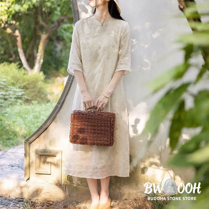 Buddha Stones Casual Embroidered Slant Collar Stand Collar Half Sleeve Design Ramie Midi Dress With Pockets - Midi Dress