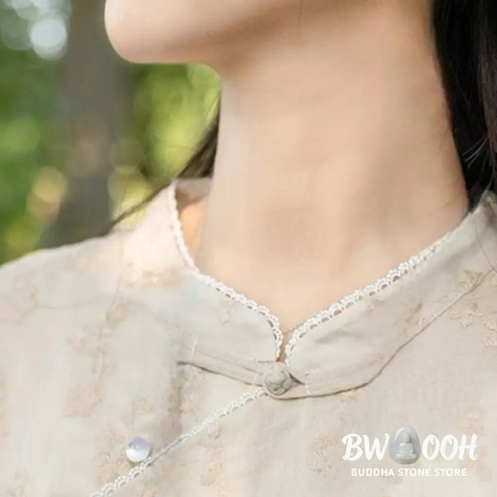 Buddha Stones Casual Embroidered Slant Collar Stand Collar Half Sleeve Design Ramie Midi Dress With Pockets - Midi Dress