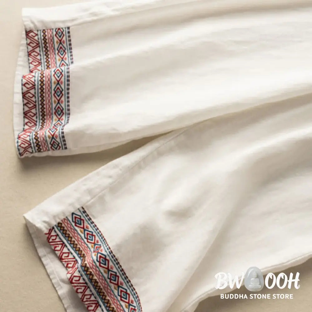 Buddha Stones Casual Embroidery Bohemian Pattern Drawstring Cotton Linen Women’s Wide Leg Pants With Pockets - Women’s