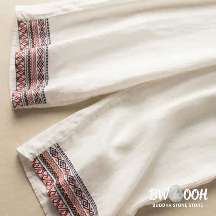 Buddha Stones Casual Embroidery Bohemian Pattern Drawstring Cotton Linen Women’s Wide Leg Pants With Pockets - Women’s