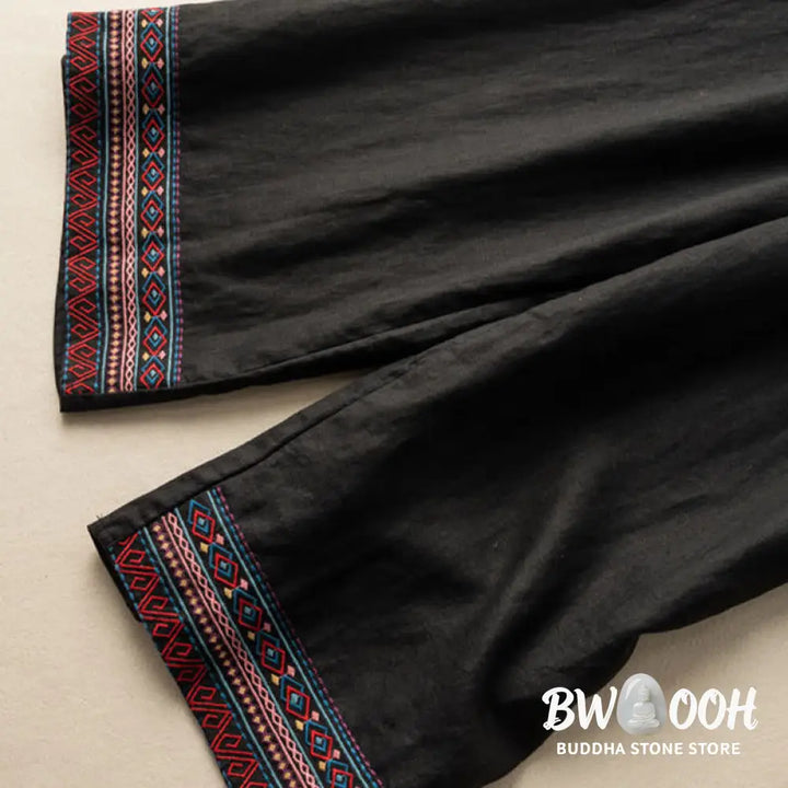 Buddha Stones Casual Embroidery Bohemian Pattern Drawstring Cotton Linen Women’s Wide Leg Pants With Pockets - Women’s