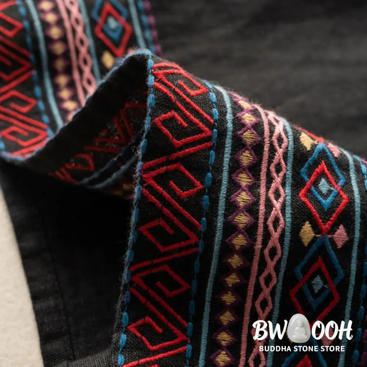 Buddha Stones Casual Embroidery Bohemian Pattern Drawstring Cotton Linen Women’s Wide Leg Pants With Pockets - Women’s
