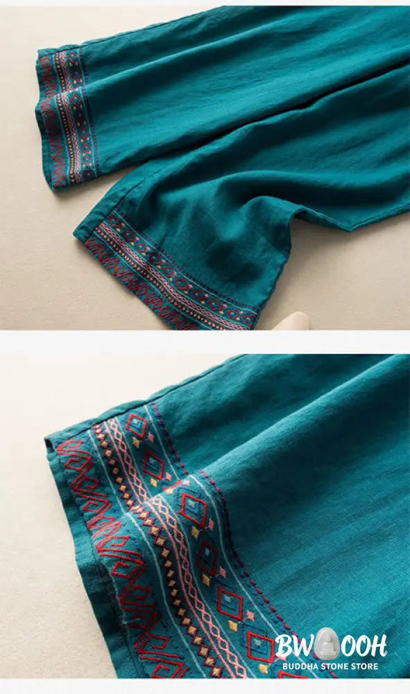 Buddha Stones Casual Embroidery Bohemian Pattern Drawstring Cotton Linen Women’s Wide Leg Pants With Pockets - Women’s