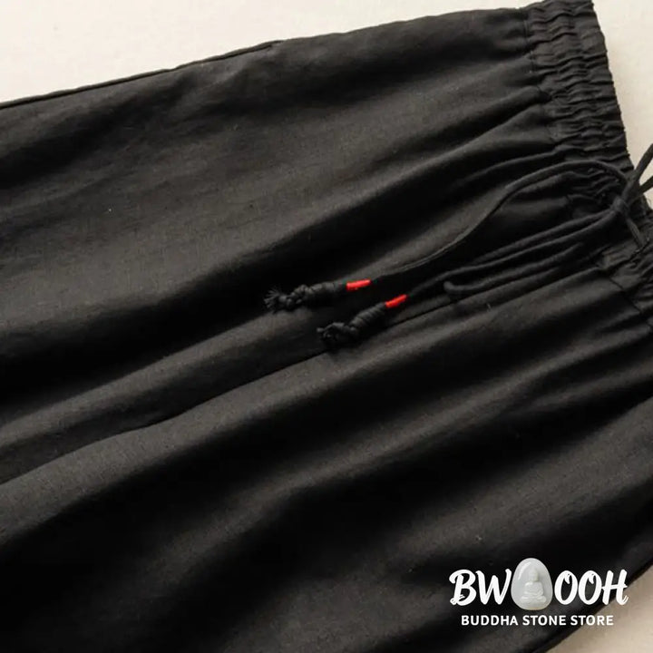 Buddha Stones Casual Embroidery Bohemian Pattern Drawstring Cotton Linen Women’s Wide Leg Pants With Pockets - Women’s