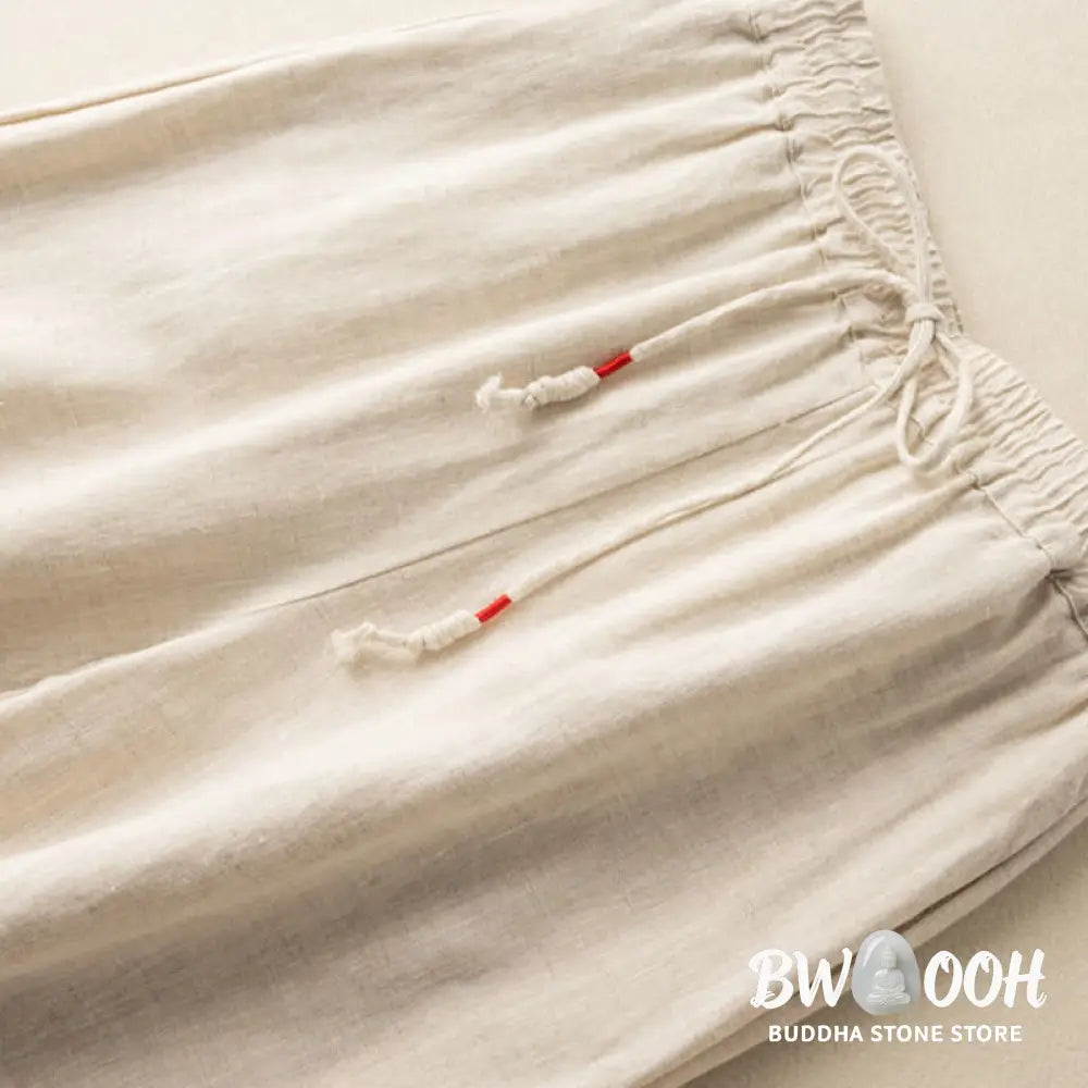 Buddha Stones Casual Embroidery Bohemian Pattern Drawstring Cotton Linen Women’s Wide Leg Pants With Pockets - Women’s