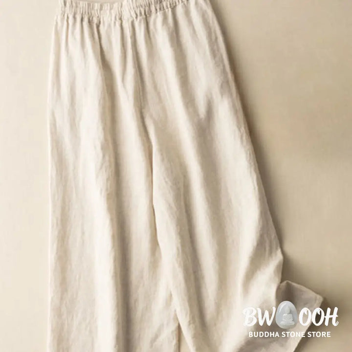 Buddha Stones Casual Embroidery Bohemian Pattern Drawstring Cotton Linen Women’s Wide Leg Pants With Pockets - Women’s