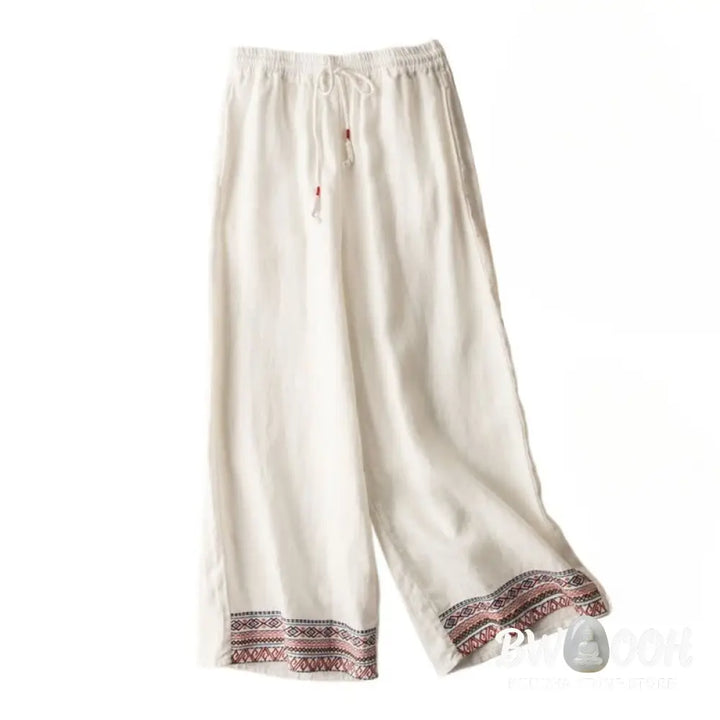 Buddha Stones Casual Embroidery Bohemian Pattern Drawstring Cotton Linen Women’s Wide Leg Pants With Pockets - Women’s