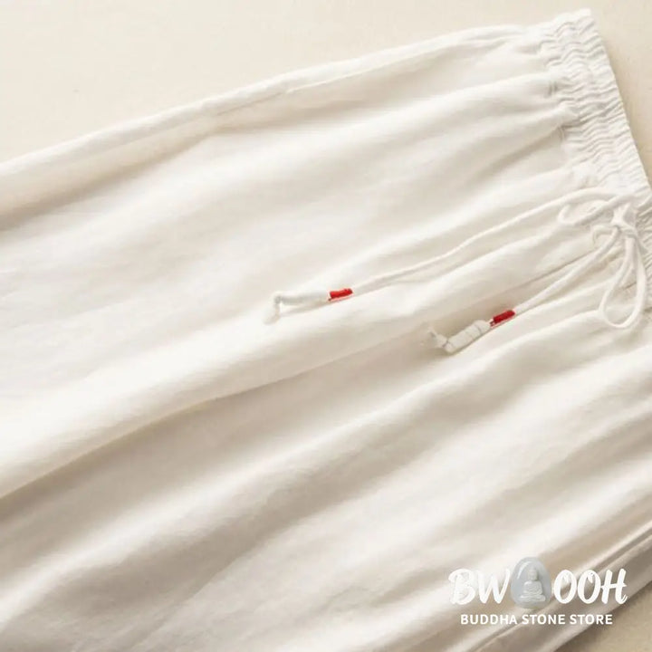 Buddha Stones Casual Embroidery Bohemian Pattern Drawstring Cotton Linen Women’s Wide Leg Pants With Pockets - Women’s