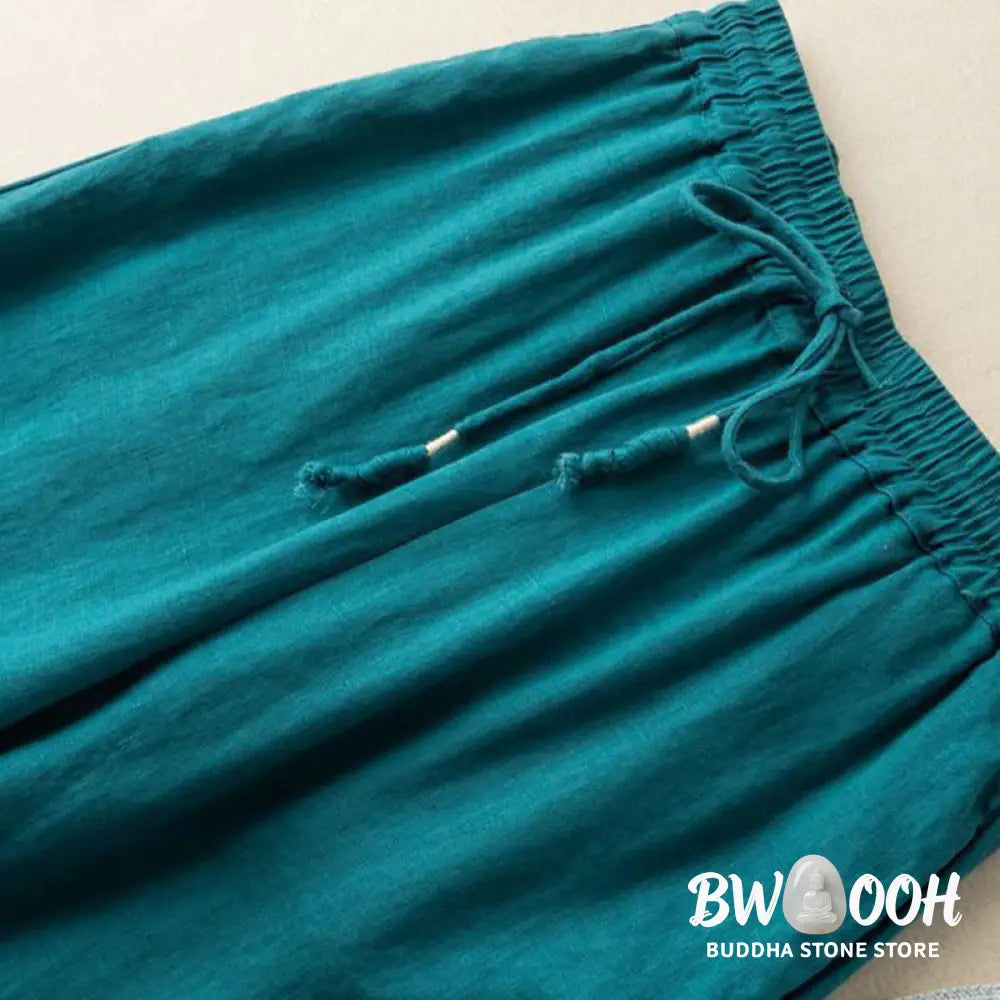 Buddha Stones Casual Embroidery Bohemian Pattern Drawstring Cotton Linen Women’s Wide Leg Pants With Pockets - Women’s