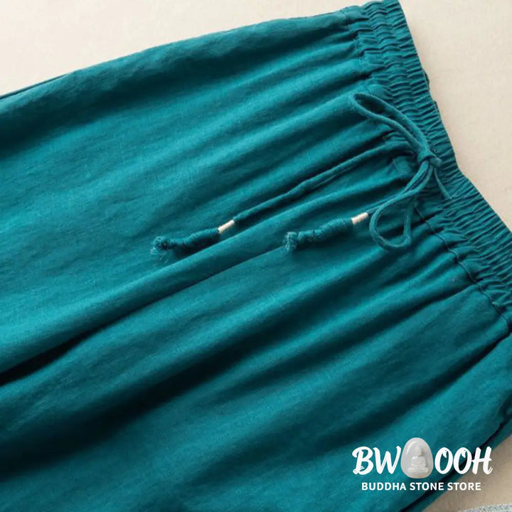 Buddha Stones Casual Embroidery Bohemian Pattern Drawstring Cotton Linen Women’s Wide Leg Pants With Pockets - Women’s