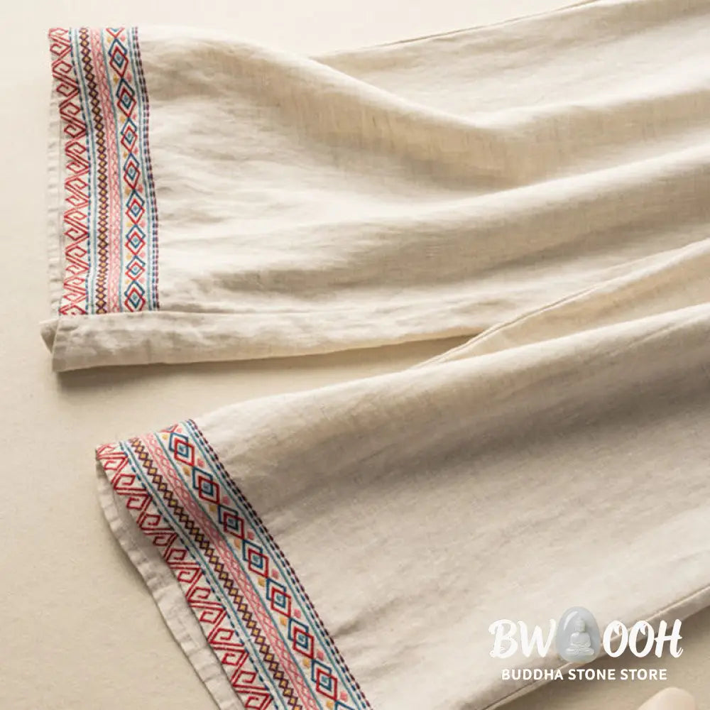 Buddha Stones Casual Embroidery Bohemian Pattern Drawstring Cotton Linen Women’s Wide Leg Pants With Pockets - Women’s