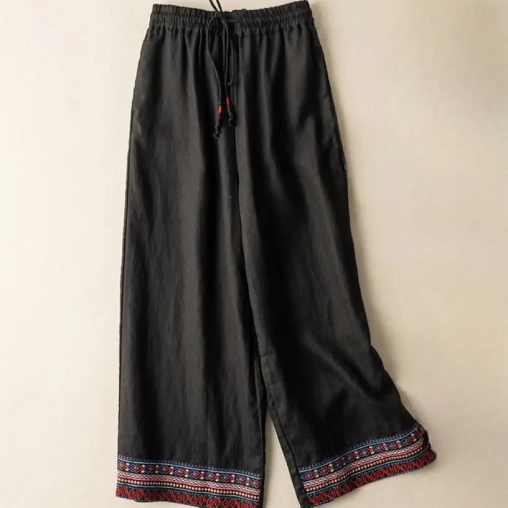 Buddha Stones Casual Embroidery Bohemian Pattern Drawstring Cotton Linen Women’s Wide Leg Pants With Pockets - Black