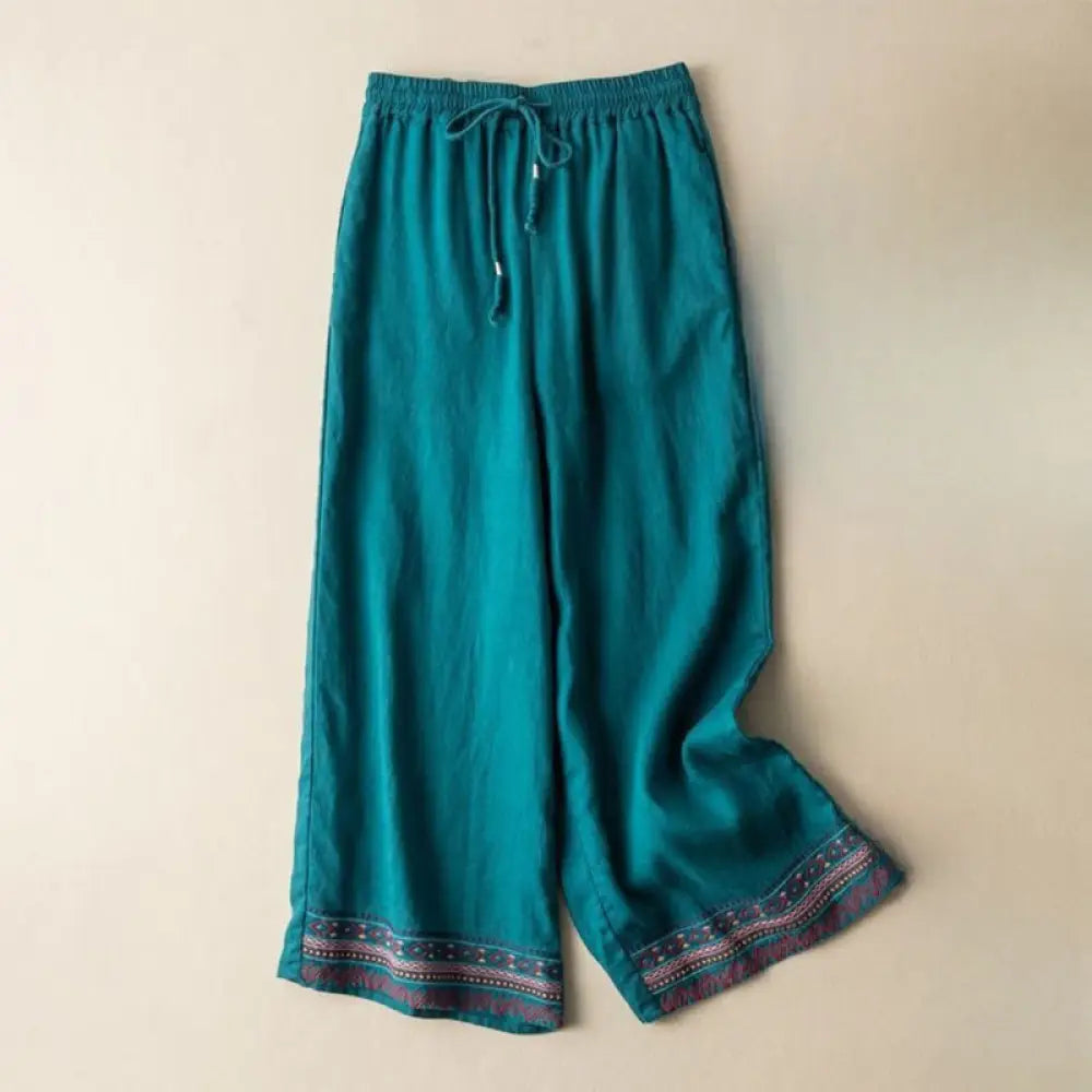 Buddha Stones Casual Embroidery Bohemian Pattern Drawstring Cotton Linen Women’s Wide Leg Pants With Pockets