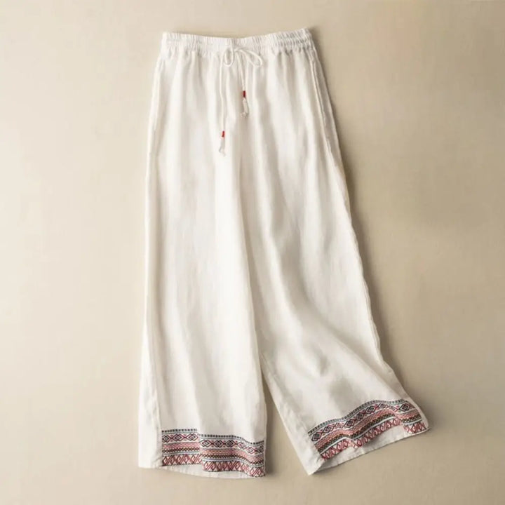 Buddha Stones Casual Embroidery Bohemian Pattern Drawstring Cotton Linen Women’s Wide Leg Pants With Pockets - OldLace