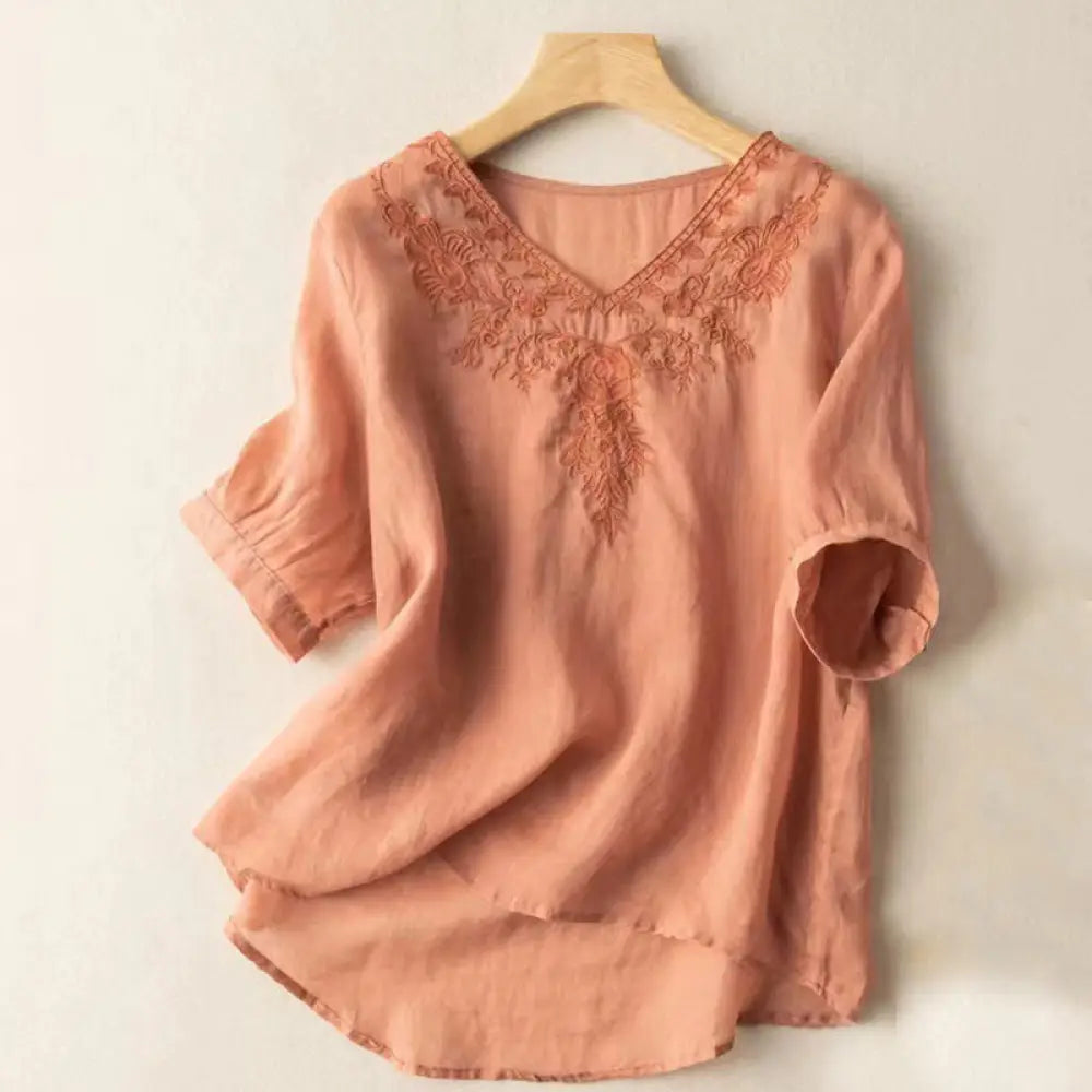 Buddha Stones Casual Embroidery Floral Women’s V-Neck Design Half Sleeve Cotton Shirt - LightSalmon / US4，UK/AU8，EU36