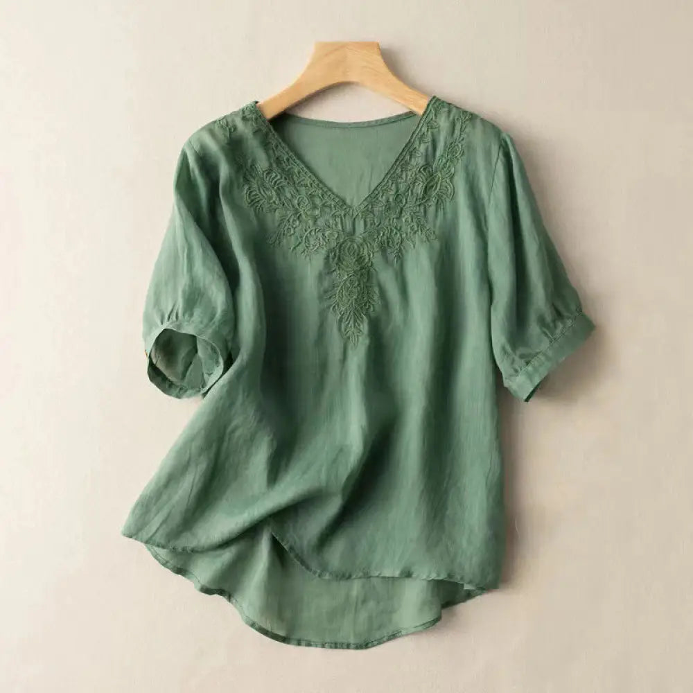 Buddha Stones Casual Embroidery Floral Women’s V-Neck Design Half Sleeve Cotton Shirt - MediumSeaGreen