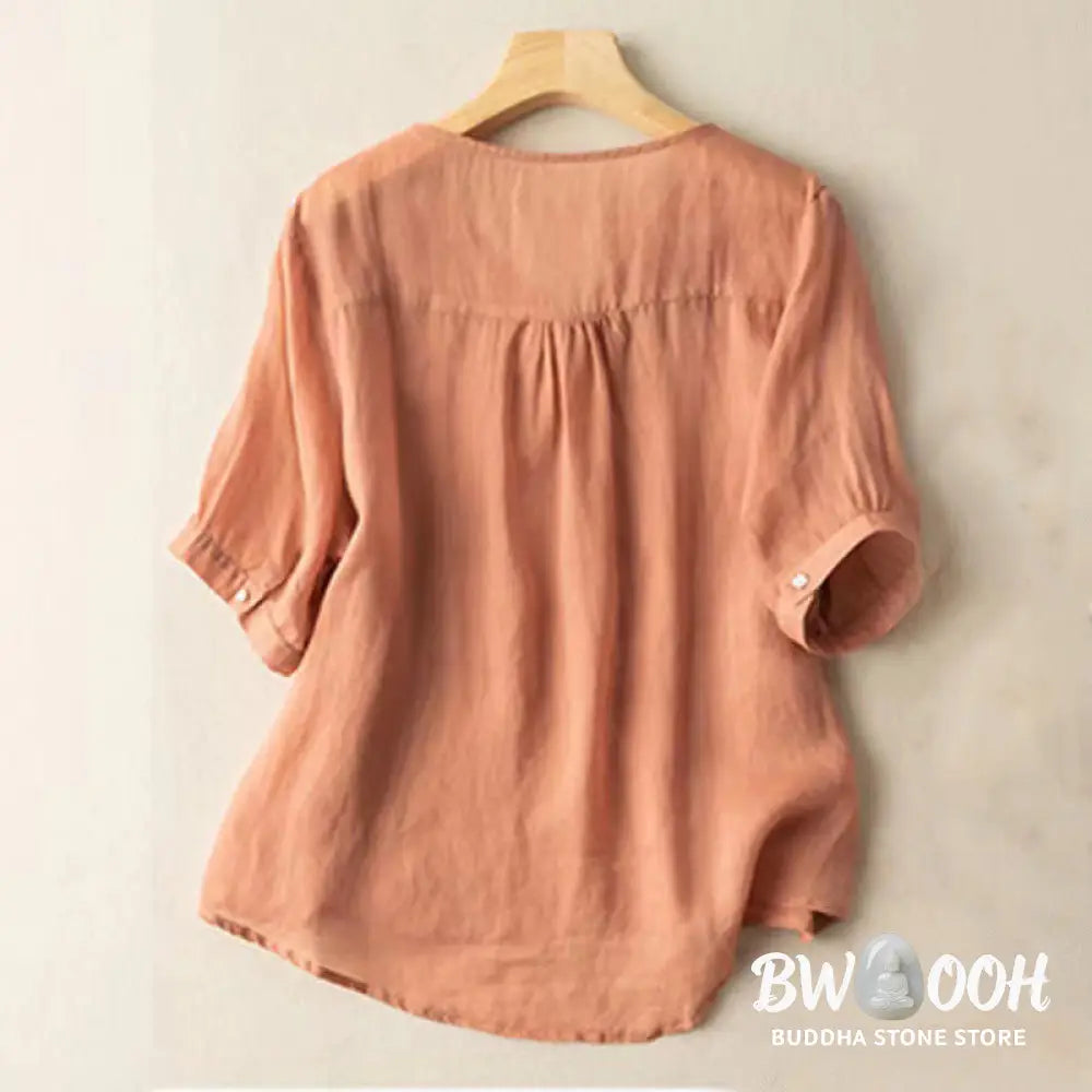 Buddha Stones Casual Embroidery Floral Women’s V-Neck Design Half Sleeve Cotton Shirt - Women’s Shirts