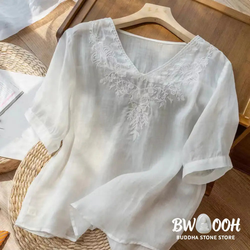 Buddha Stones Casual Embroidery Floral Women’s V-Neck Design Half Sleeve Cotton Shirt - Women’s Shirts