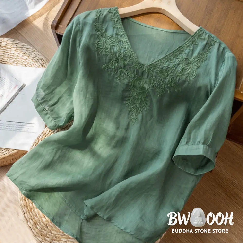 Buddha Stones Casual Embroidery Floral Women’s V-Neck Design Half Sleeve Cotton Shirt - Women’s Shirts