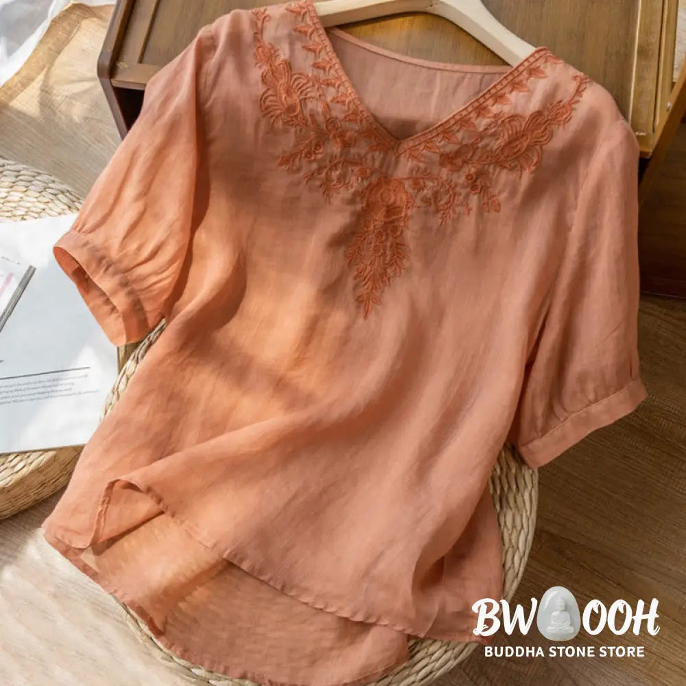 Buddha Stones Casual Embroidery Floral Women’s V-Neck Design Half Sleeve Cotton Shirt - Women’s Shirts