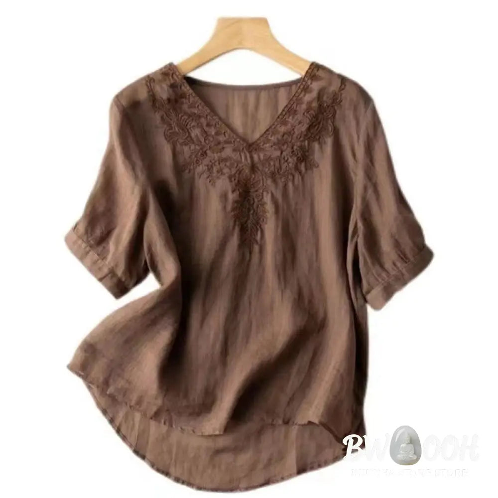 Buddha Stones Casual Embroidery Floral Women’s V-Neck Design Half Sleeve Cotton Shirt - Women’s Shirts