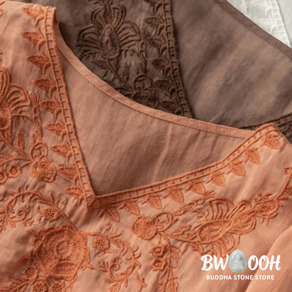 Buddha Stones Casual Embroidery Floral Women’s V-Neck Design Half Sleeve Cotton Shirt - Women’s Shirts