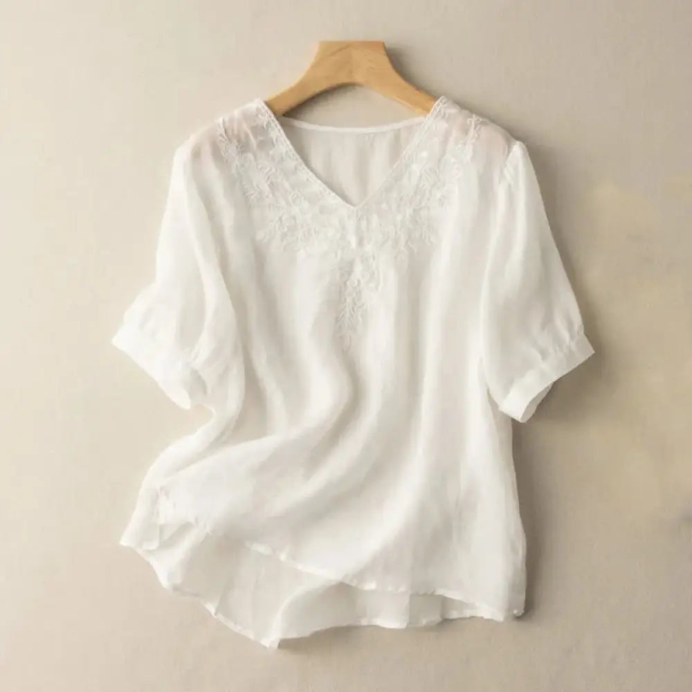 Buddha Stones Casual Embroidery Floral Women’s V-Neck Design Half Sleeve Cotton Shirt - White / US4，UK/AU8，EU36 (L)
