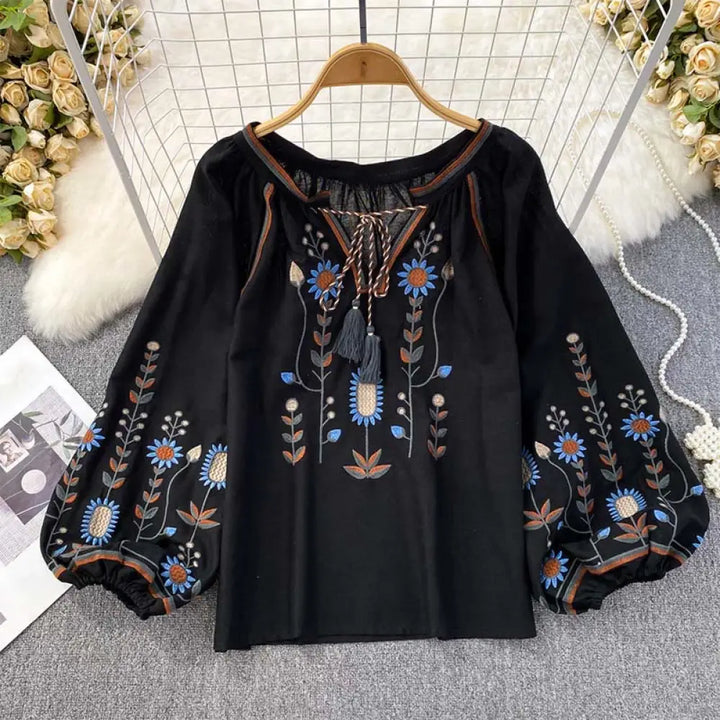 Buddha Stones Casual Embroidery Flower Leaf Pattern Women’s Cotton Linen Round Neck T-shirt - Black