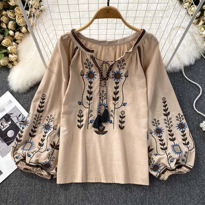 Buddha Stones Casual Embroidery Flower Leaf Pattern Women’s Cotton Linen Round Neck T-shirt - BurlyWood