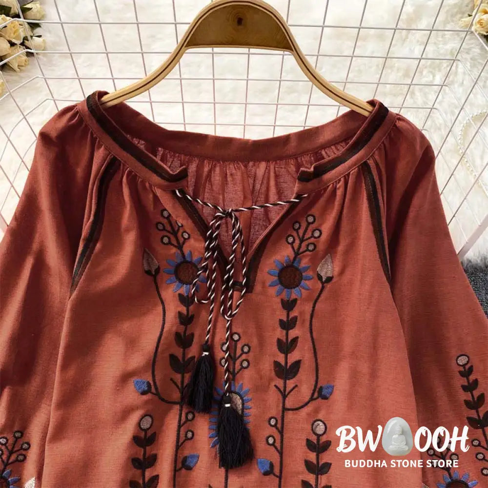 Buddha Stones Casual Embroidery Flower Leaf Pattern Women’s Cotton Linen Round Neck T-shirt - Women’s T-Shirts