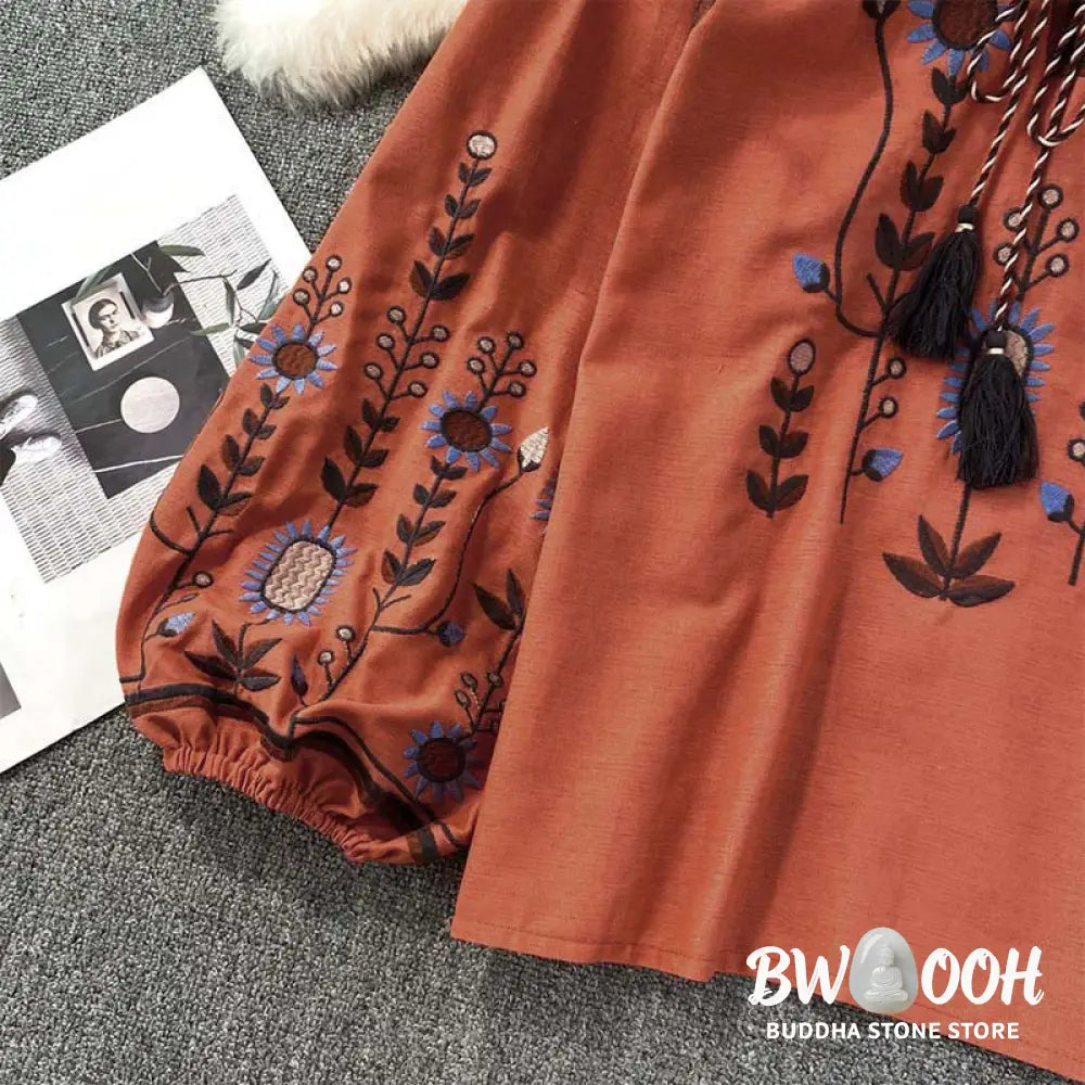 Buddha Stones Casual Embroidery Flower Leaf Pattern Women’s Cotton Linen Round Neck T-shirt - Women’s T-Shirts