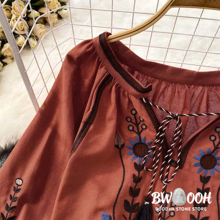 Buddha Stones Casual Embroidery Flower Leaf Pattern Women’s Cotton Linen Round Neck T-shirt - Women’s T-Shirts