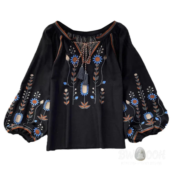 Buddha Stones Casual Embroidery Flower Leaf Pattern Women’s Cotton Linen Round Neck T-shirt - Women’s T-Shirts